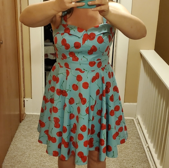 Tribal Rhythm Cherry Retro Dress Women's Medium ? Rockabilly Skater Blue Red - Picture 7 of 13